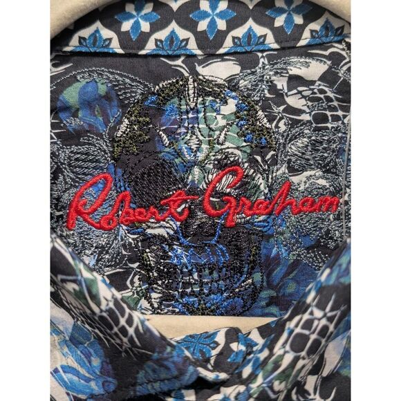 New! Robert Graham Mens Blue Black Cyber Grunge Skulls Floral Button Up Shirt, L - Picture 9 of 9